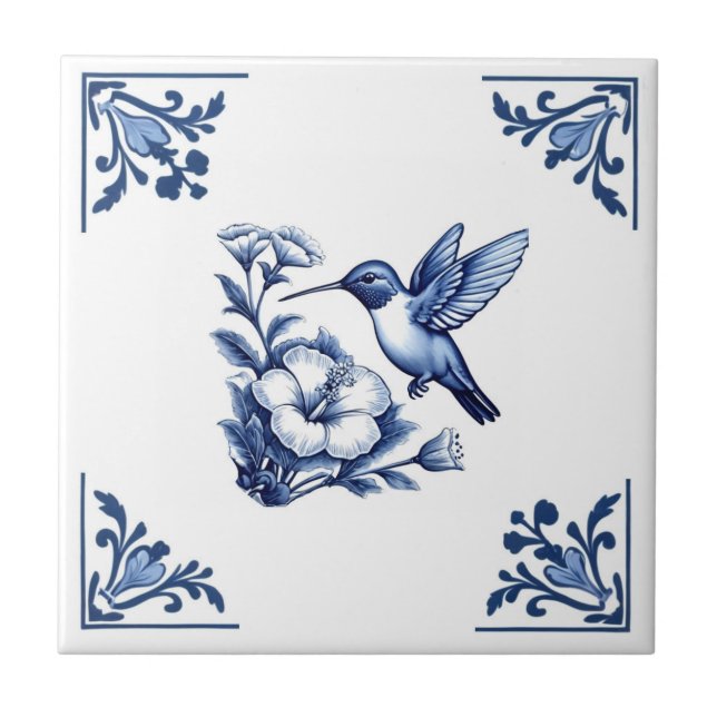 Hummingbird Delft Blue White Blommigt Corners Bird Kakelplatta (Framsidan)