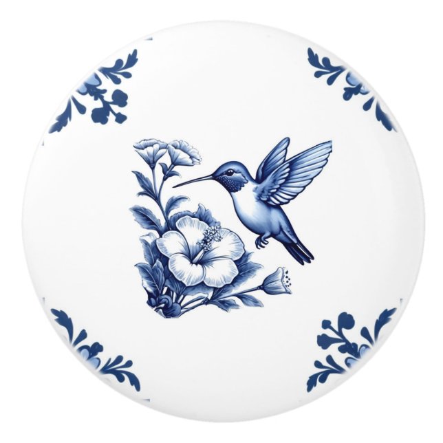 Hummingbird Delft Blue White Blommigt Corners Bird Knopp (Framsidan)