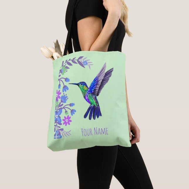 Hummingbird Design Botaniana Flowers Bird Älskare Tygkasse (Närbild)