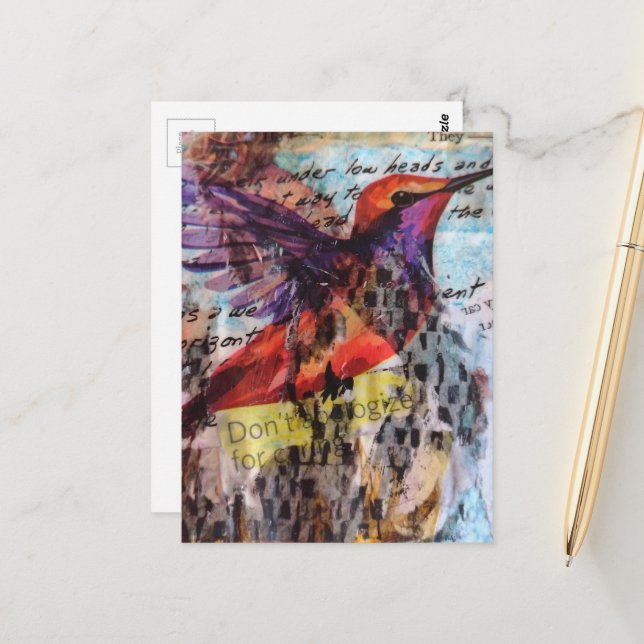 Hummingbird don't apologize for caring mixed media vykort (Fram/Back In Situ)