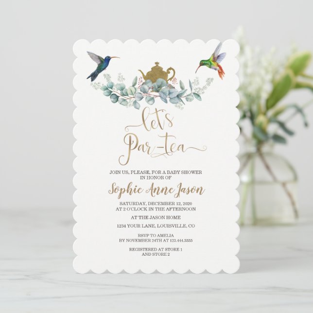 Hummingbird Eucalyptus Baby Shower Tea Party Inbjudningar (Stående Fram)
