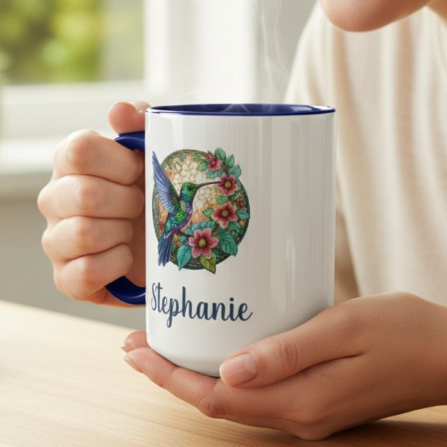 Hummingbird Floral Personalized Coffee Mug Mugg (Stained glass personalized hummingbird floral coffee mug)