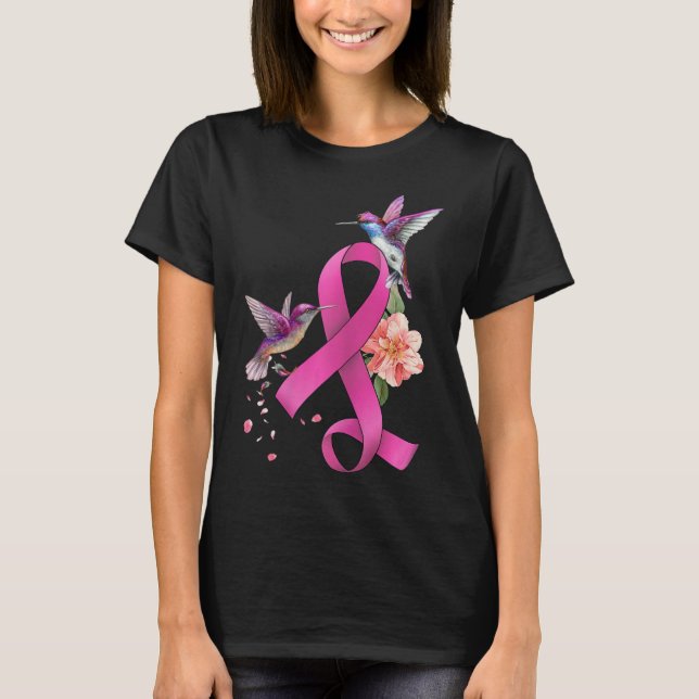 Hummingbird Flower Rosa Ribbon Breast Cancer Medve T Shirt (Framsida)