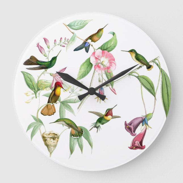 Hummingbird Flowers Birds Wildlife Animals Blommig Stor Klocka (Framsida)