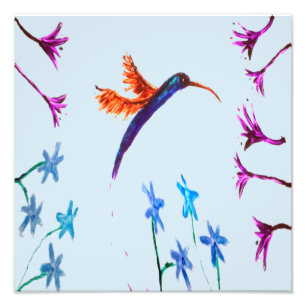 Hummingbird Flowers Blommigt Bird Art Fototryck