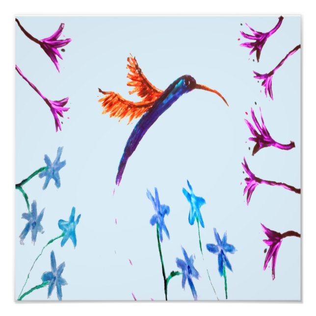 Hummingbird Flowers Blommigt Bird Art Fototryck (Framsidan)