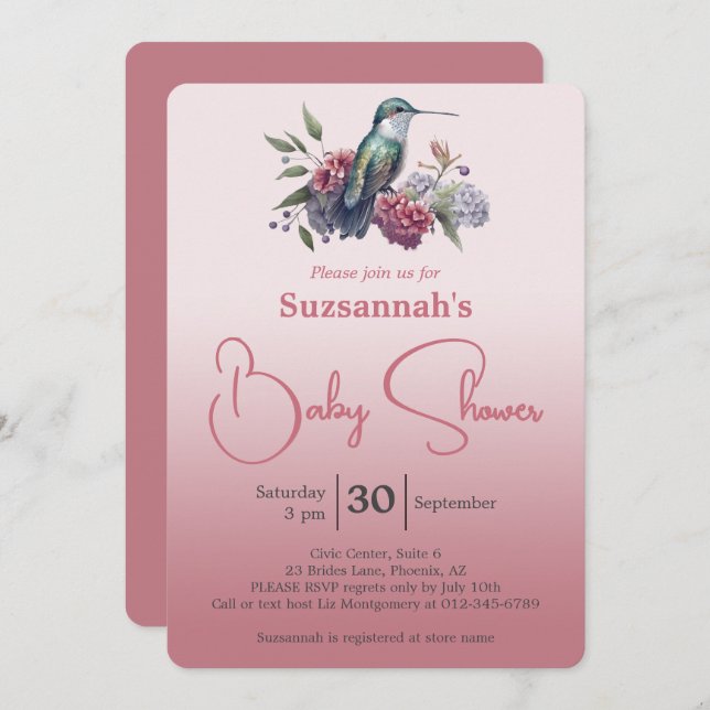 Hummingbird & Flowers Burgundy Ombre Baby Shower Inbjudningar (Fram/baksida)