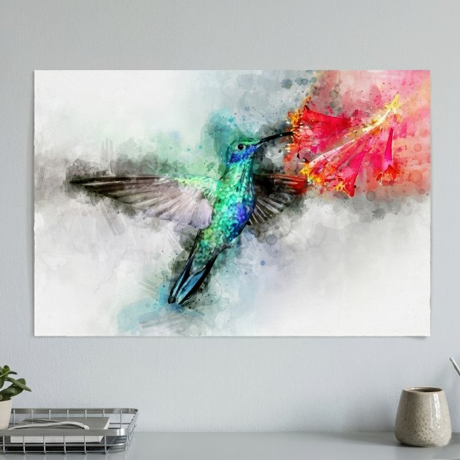 Hummingbird-flygning med blomman Vattenfärg - 01 Poster (Vibrant Hummingbird Watercolor Floral Art Print. Poster)