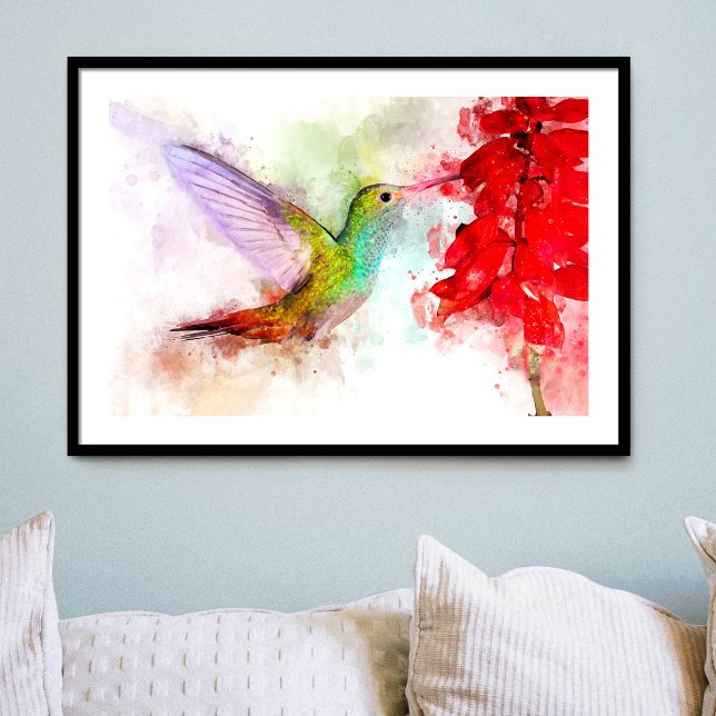 Hummingbird-flygning med blomman Vattenfärg - 03 Fototryck (Skapare uppladdad)