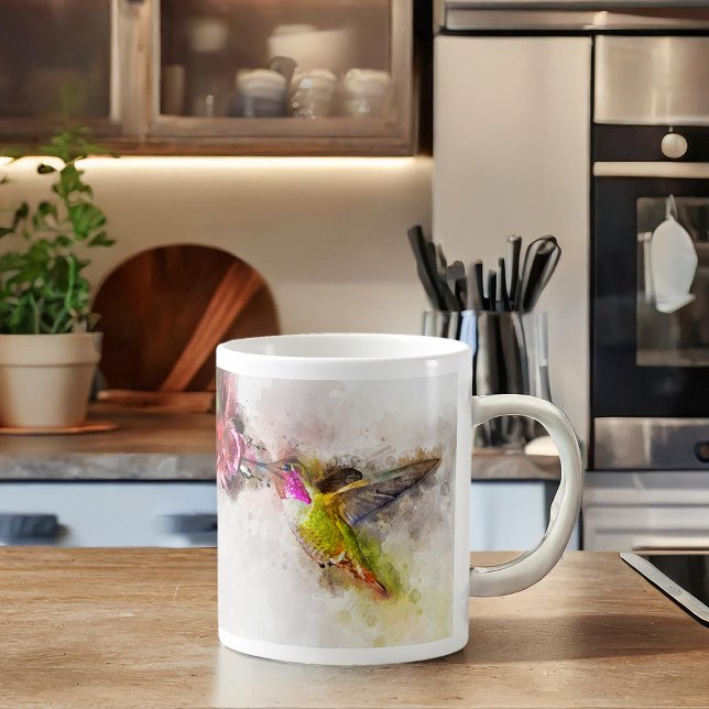 Hummingbird-flygning med blomman Vattenfärg - 04 Kaffemugg (Skapare uppladdad)