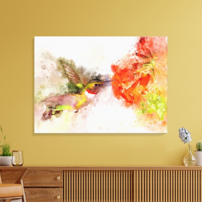 Hummingbird-flygning med blomman Vattenfärg - 05 Canvastryck (Insitu (Vardagsrum))