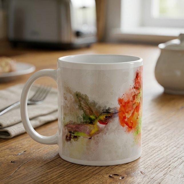 Hummingbird-flygning med blomman Vattenfärg - 05 Kaffemugg (Watercolor Hummingbird Feeding on Vibrant Flower. Coffee Mug)