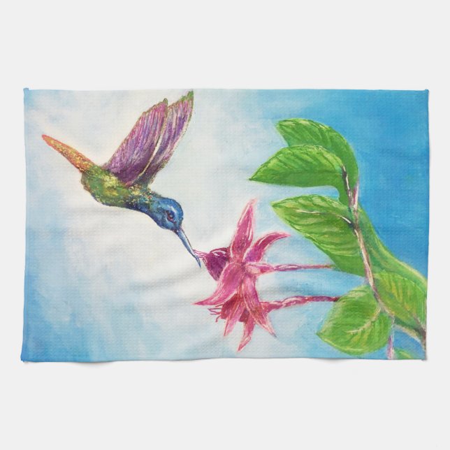 Hummingbird, fuschia, blommor kökshandduk (Horisontell)