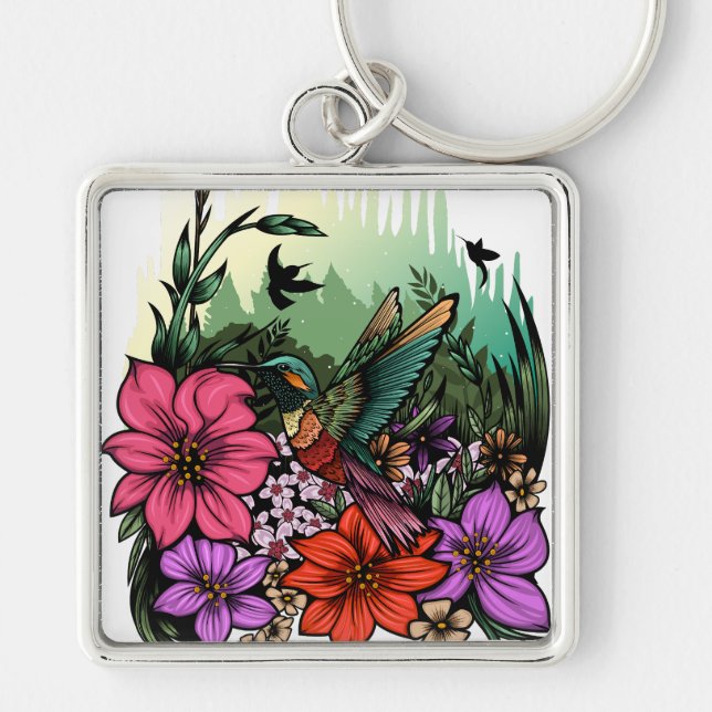 Hummingbird Garden Fyrkantig Silverfärgad Nyckelring (Framsidan)