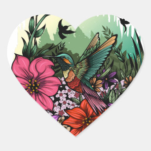 Hummingbird Garden Hjärtformat Klistermärke