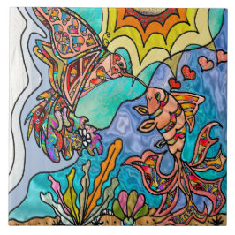 Hummingbird Goldfish Reflection Art Ceramic Tile Kakelplatta