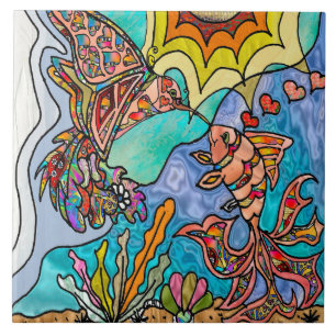 Hummingbird Goldfish Reflection Art Ceramic Tile Kakelplatta