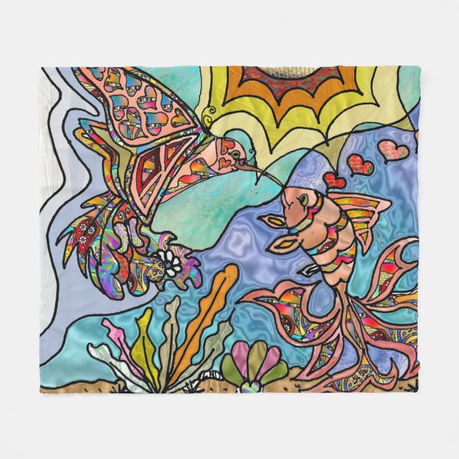Hummingbird Goldfish Reflection Art Fleece Blanket (Framsidan (Horisontell))