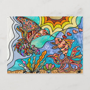 Hummingbird Goldfish Reflection Art Postcard Vykort
