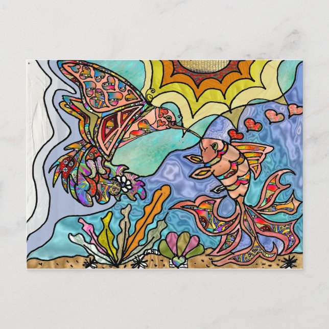 Hummingbird Goldfish Reflection Art Postcard Vykort (Framsida)