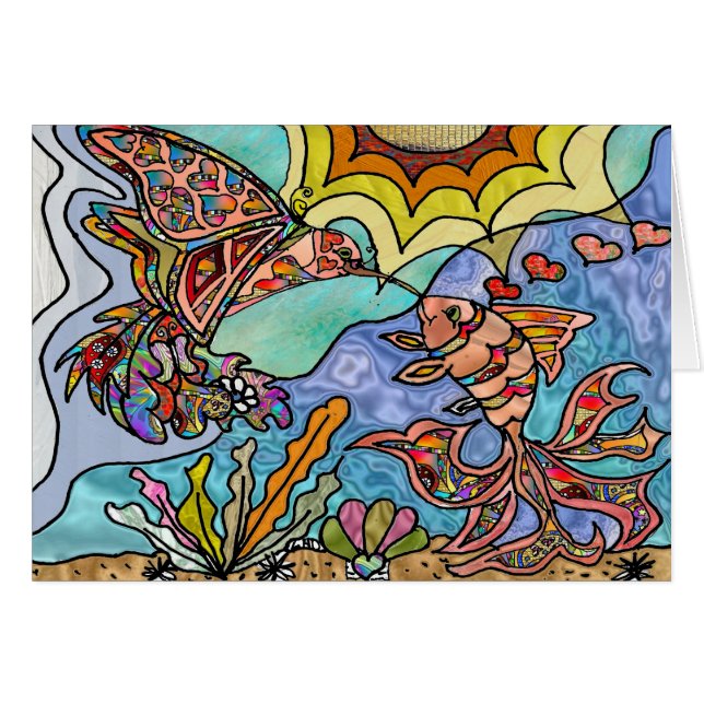 Hummingbird Goldfish Reflection Fantasy Art Card Hälsningskort (Framsidan Horizontal)