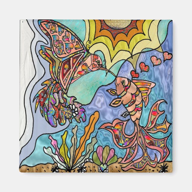 Hummingbird Goldfish Reflection Fantasy Art magnet (Framsidan)
