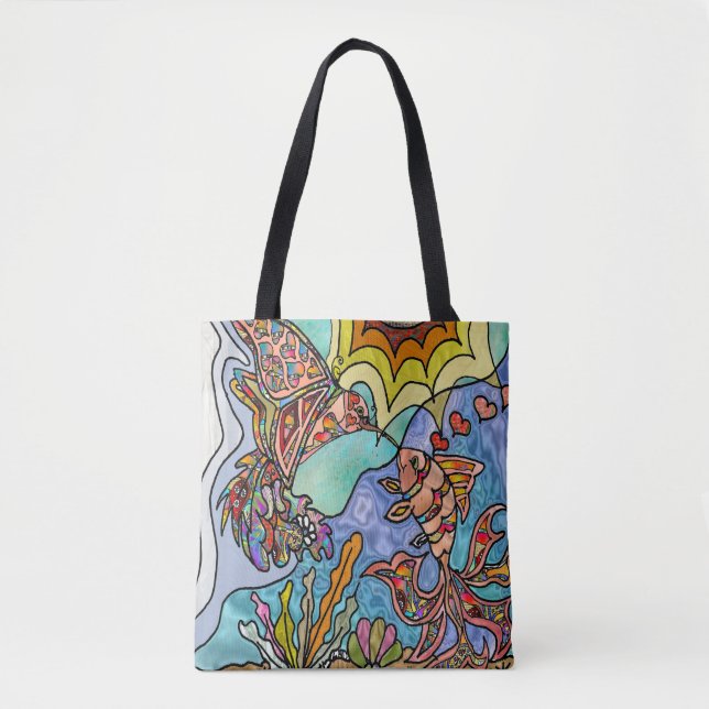 Hummingbird Goldfish Reflection Fantasy Art Tote Tygkasse (Framsida)