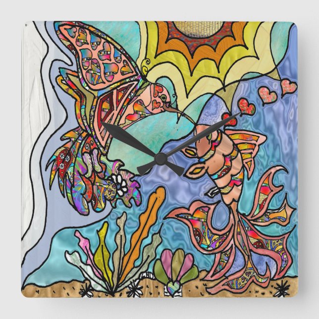 Hummingbird Goldfish Reflection Fantasy Wall Clock Fyrkantig Klocka (Framsida)