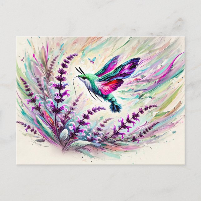 Hummingbird Hawk-Moth med Sage i Oljemålning Vykort (Framsida)