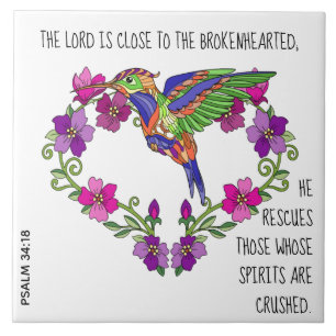Hummingbird & Heart, vikta från Psalm 34:18 Kakelplatta