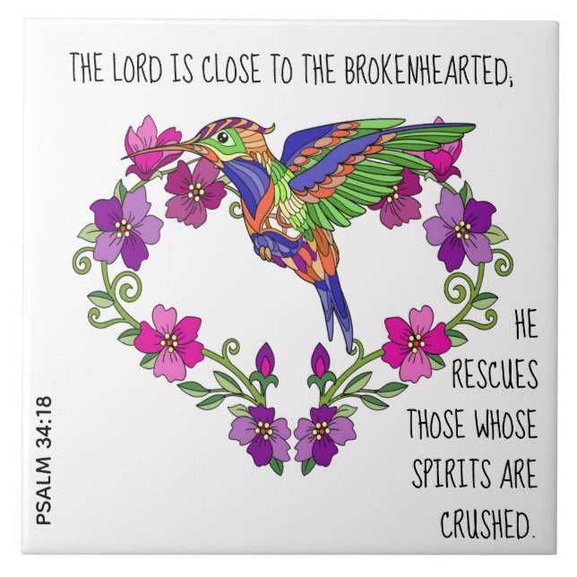 Hummingbird & Heart, vikta från Psalm 34:18 Kakelplatta (Framsidan)