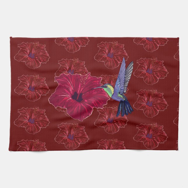Hummingbird Hibiscus Blommigt Art Kökshandduk (Horisontell)