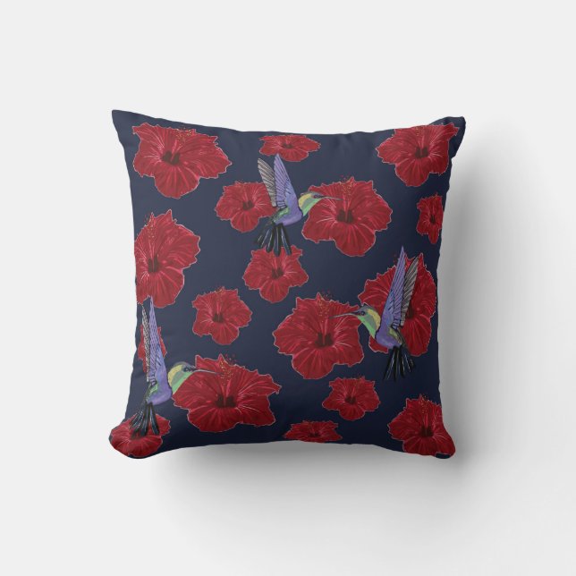 Hummingbird Hibiscus Blommigt Art Kudde (Framsida)