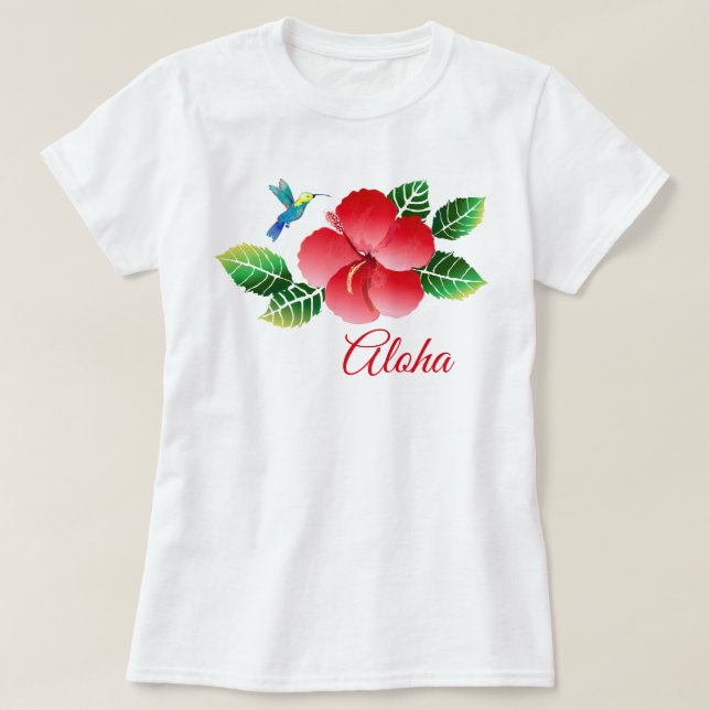 Hummingbird Hibiscus Hawaiian Tropical Blommigt T Shirt (Design framsida)