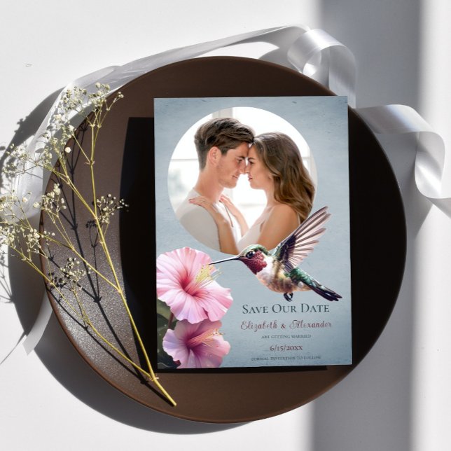 Hummingbird & Hibiscus Photo Save Date | Blå Meddelande (Blue Hummingbird Hibiscus Photo Save the Date)