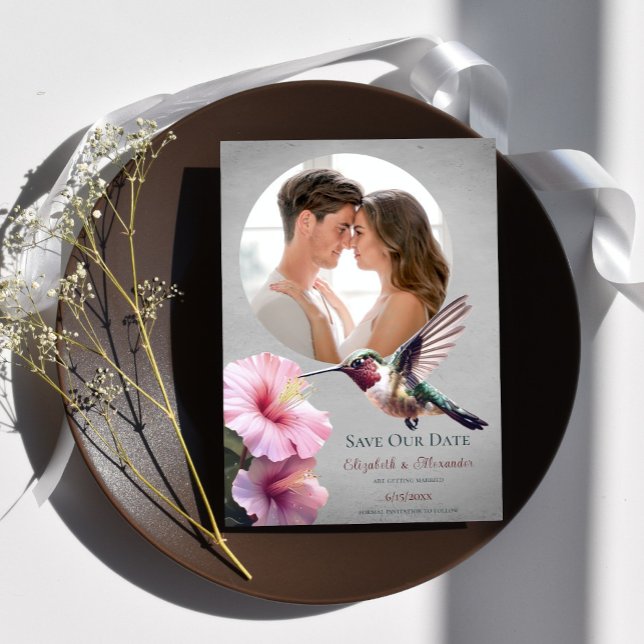 Hummingbird & Hibiscus Photo Save Date | GRÅTT Meddelande (Gray Hummingbird Hibiscus Photo Save the Date)