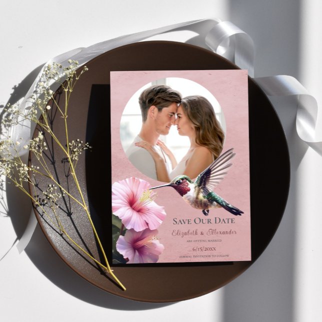 Hummingbird & Hibiscus Photo Save Date Rosa Meddelande (Pink Hummingbird Hibiscus Photo Save the Date)