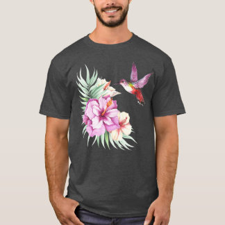 Hummingbird Hibiscus Watercolor Blommigt Premium T Shirt