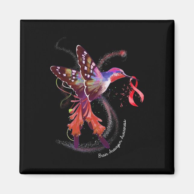 Hummingbird Holding Burgundy Ribbon Brain Aneurysm Magnet (Framsidan)