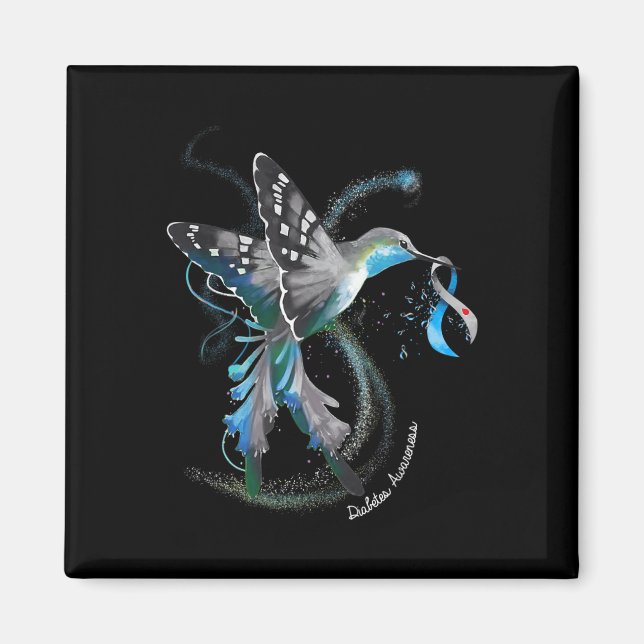 Hummingbird Holding Grått Blue Ribbon T1d Diabetes Magnet (Framsidan)