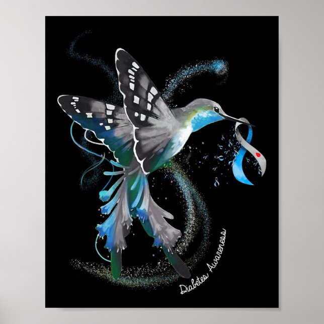 Hummingbird Holding Grått Blue Ribbon T1d Diabetes Poster (Framsidan)