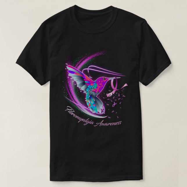 Hummingbird Holding Lila Ribbon Fibromyalgia Awa T Shirt (Design framsida)