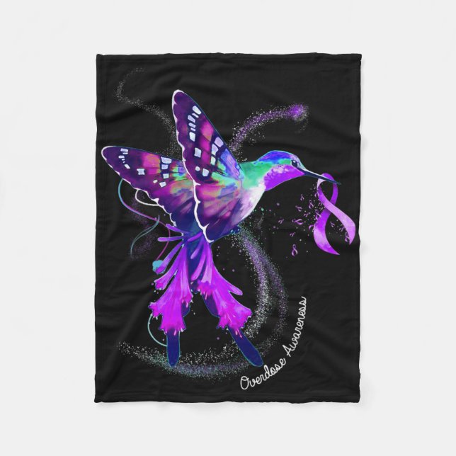 Hummingbird Holding Lila Ribbon Överdosering Aware Fleecefilt (Framsidan)