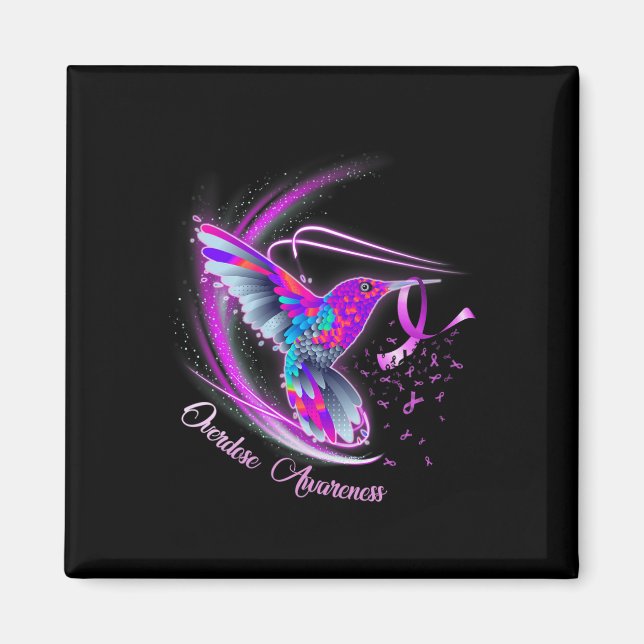 Hummingbird Holding Lila Ribbon Överdosering Aware Magnet (Framsidan)
