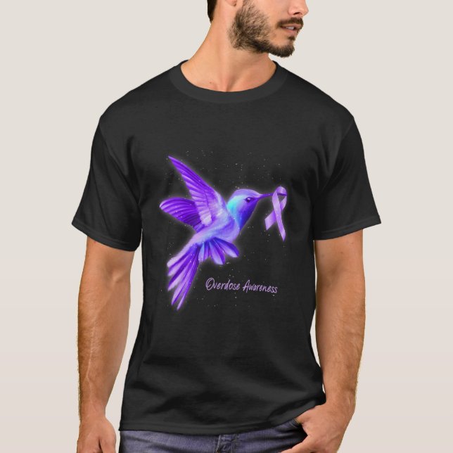 Hummingbird Holding Lila Ribbon Överdosering Aware T Shirt (Framsida)