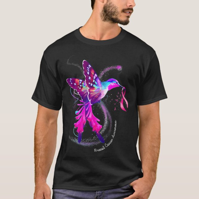 Hummingbird Holding Rosa Ribbon Breast Cancer T Shirt (Framsida)