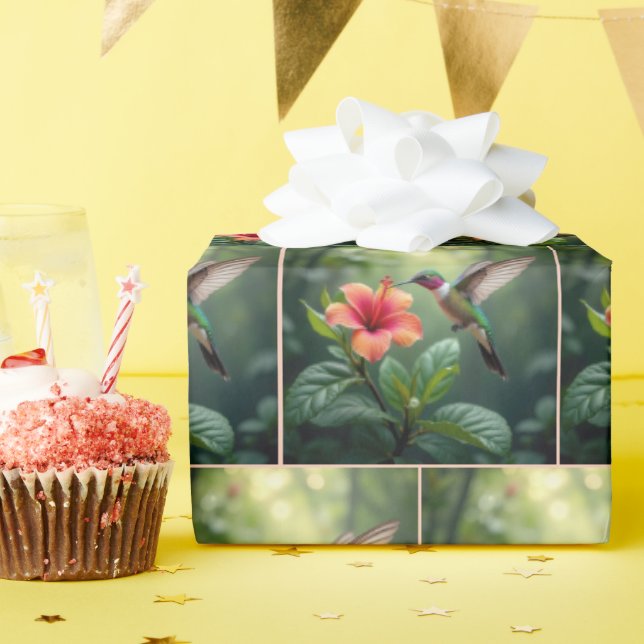 Hummingbird Hovering Över en Hibiscus Presentpapper (Födelsedagsfest)