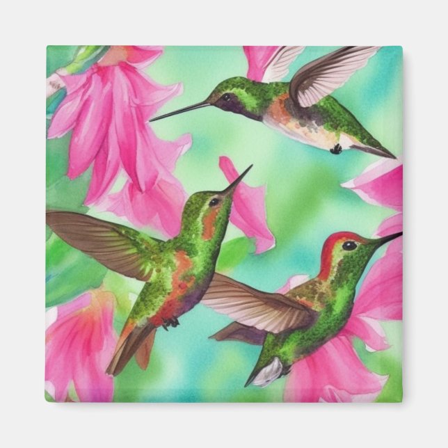 Hummingbird i blommor vattenfärgsglädje magnet (Framsidan)