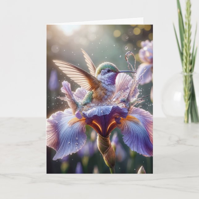 Hummingbird i en iris-Blommar Kort (Framsida)