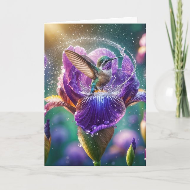 Hummingbird i en Lila iris Kort (Framsida)